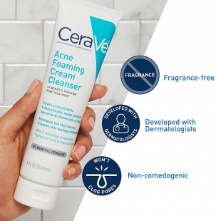 CeraVe Acne Foaming Cream Cleanser with 4% Benzoyl Peroxide, Hyaluronic Acid, and Niacinamide 150mL