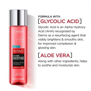 L'Oréal Revitalift 5% Pure Glycolic Acid Peeling Toner with Aloe Vera, Alcohol Free, Fragrance Free 6 fl oz