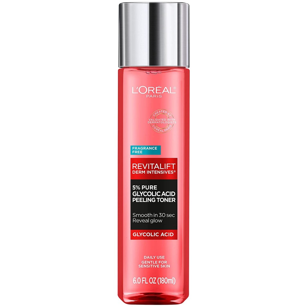 L'Oréal Revitalift 5% Pure Glycolic Acid Peeling Toner with Aloe Vera, Alcohol Free, Fragrance Free 6 fl oz