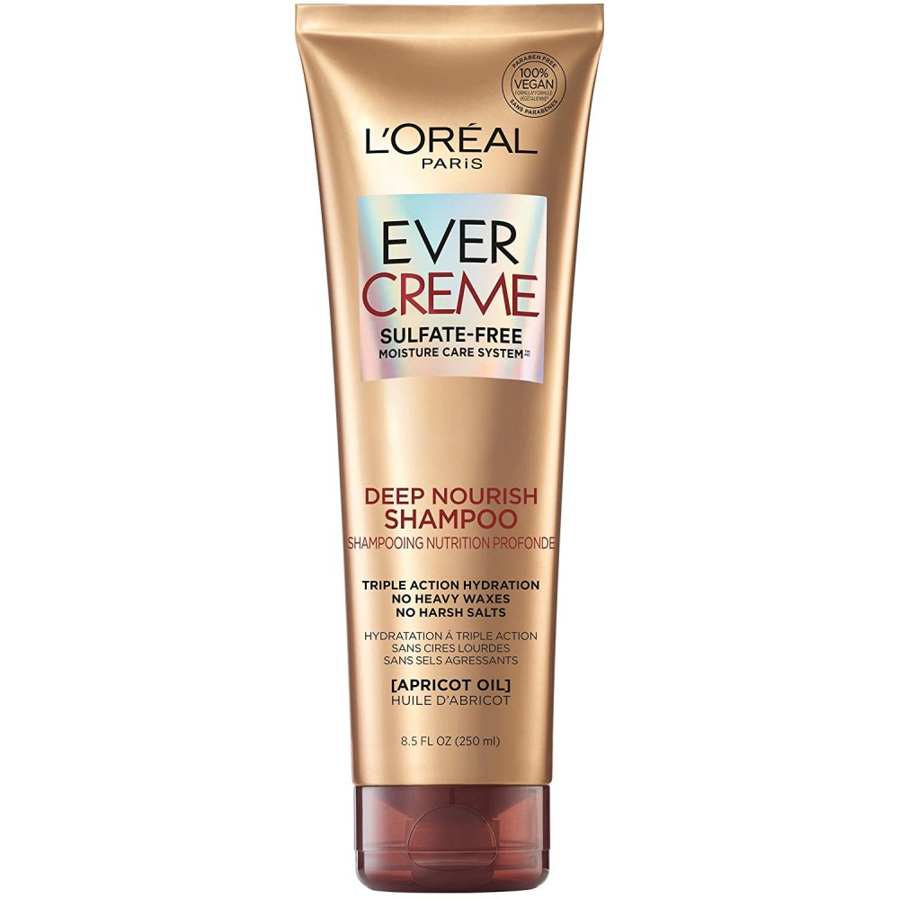 L'Oréal EverCreme Sulfate Free Shampoo for Dry Hair, Triple Action Hydration for Dry, Brittle or Color Treated Hair with Apricot Oil