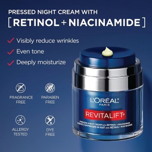 L'Oreal Paris Revitalift Pressed Night Cream, Retinol + Niacinamide, Reduces Wrinkles, Fragrance Free, 1.7 oz