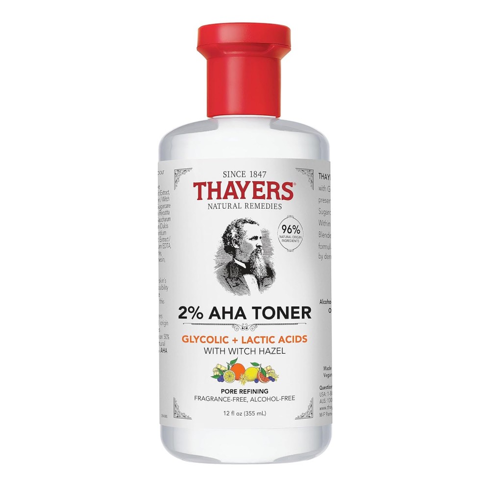 THAYERS 2% AHA Exfoliating Toner with Glycolic Acid, Lactic Acid and Witch Hazel 12 Fl Oz
